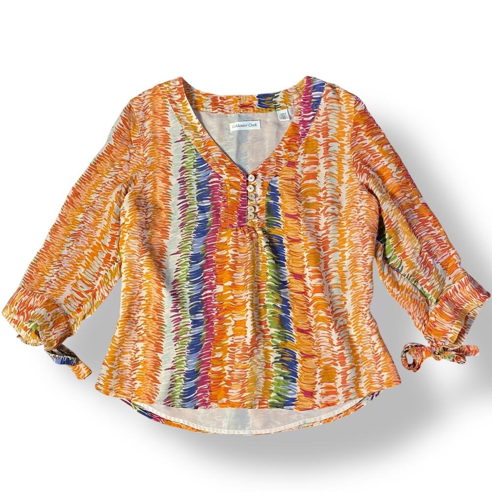 Coldwater‎ Creek Silk Multicolor 3/4 Sleeve Blouse Womens Size PS Boho